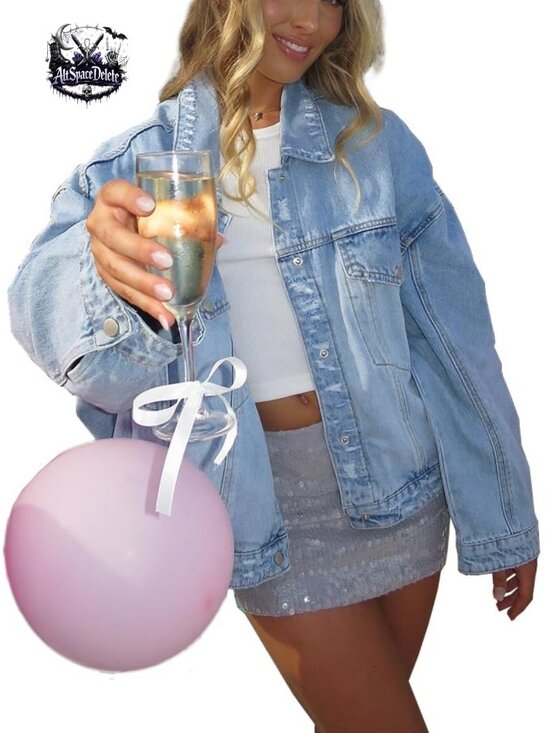 Jackets & Blazers - Oversized Distressed Denim Jacket with Four Pockets and Button Closure